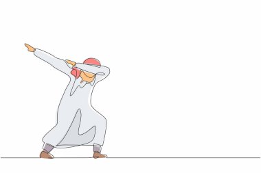 Kollarını kavuşturup aşağıya bakan mutlu bir Arap işadamını çekmeye devam ediyor. Satıcı şirketten gelen maaş artışını kutluyor. Tek çizgi çizimi tasarım vektörü grafik çizimi