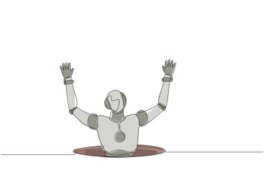 Tek sıra halinde robot çizimi kanalizasyona düştü. Robot kanalizasyona düştü. Robot yapay zeka. Elektronik teknoloji. Bir çizgi grafik tasarım vektör çizimi