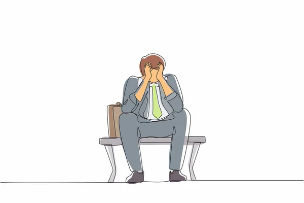 Eine Durchgehende Linie Zeichnet Traurige Geschäftsleute Depressionen Einsamer Mann Sitzt — Stockvektor