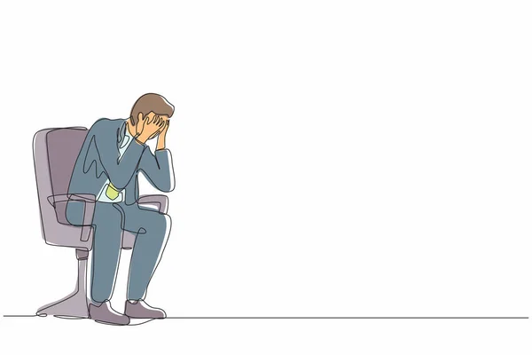 Одна Строчка Изображающая Разочарованного Бизнесмена Держащего Голову Сидящего Одиночестве Стуле — стоковый вектор