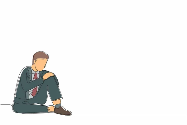 One Continuous Line Drawing Very Sad Businessman Sitting Alone Floor — стоковый вектор
