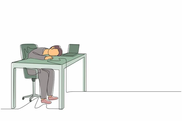 单行连续画精疲力尽生病疲惫的男性经理在办公室里闷闷不乐地坐在笔记本电脑上 低着头 工人精神健康问题令人沮丧 单线绘图图形设计矢量 — 图库矢量图片