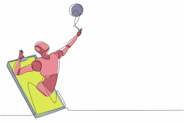 Jedna Čára Kreslení Robot Vyjít Mobilního Telefonu Dělat Rozbít Volejbal — Stockový vektor