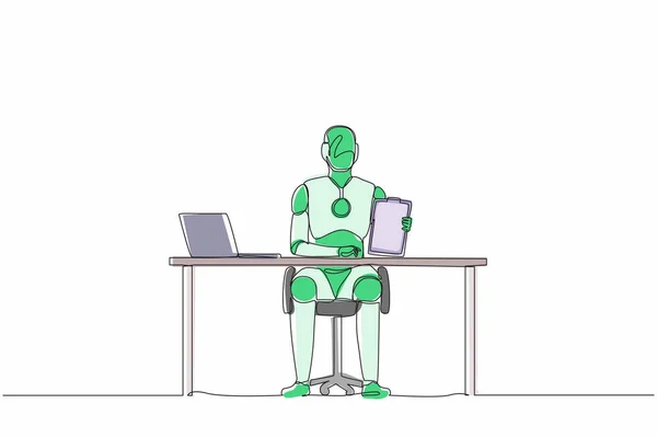 オフィスの机の近くに座ってクリップボードを示す連続した1行の描画ロボット ヒト型ロボットのサイバネティック生物 将来のロボット開発の概念 1本の線画ベクトル図 — ストックベクタ