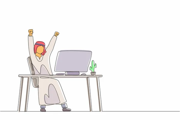 单行画快乐的阿拉伯商人高举双手坐在他的工作场所 办公室职员庆祝公司加薪 连续直线设计图形矢量插图 — 图库矢量图片