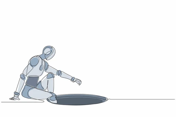 Una Sola Línea Robot Dibujo Desciende Agujero Desarrollo Tecnológico Futuro — Vector de stock