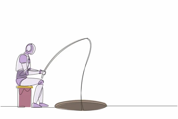 单个连续拉绳机器人从孔中抓起钓竿 用钓竿钓鱼机器人人工智能技术 电子技术 单行平面设计矢量插图 — 图库矢量图片