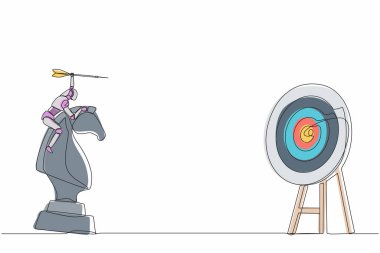 Satranç şövalyesi taşında dart oku tutan robotları tek sıra halinde çiziyor. Modern robotik yapay zeka. Elektronik teknoloji endüstrisi. Bir çizgi çizimi grafik tasarım vektörü
