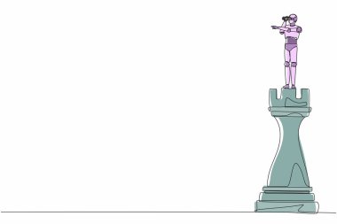 Tek sıra halinde robot çizerek tek gözlü satranç taşının tepesine. Geleceğin teknoloji gelişimi. Yapay zeka ve makine öğrenme süreci. Devamlı çizgi tasarım grafik vektörü