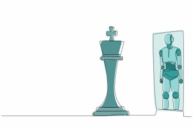 Tek sıra halinde aynanın önünde duran robotlar satranç kralını yansıtıyor. Modern robotik yapay zeka. Elektronik teknoloji endüstrisi. Bir çizgi çizimi grafik tasarım vektörü