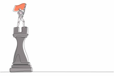 Tek sıra halinde robot çizerek büyük kale satrancının ve sallanan bayrağın üstünde duruyor. Geleceğin teknoloji gelişimi. Yapay zeka makinesi öğrenme süreci. Devamlı çizgi tasarım grafik vektörü