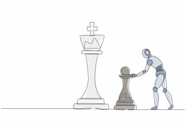 Tek sıra halinde, robotlar kralı devirmek için büyük bir piyon taşına basıyorlar. Modern robotik yapay zeka. Elektronik teknoloji endüstrisi. Bir çizgi grafik tasarım vektör çizimi