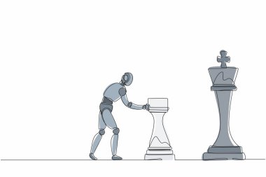 Tek sıra halinde robotlar şahı devirmek için dev bir satranç taşını iterler. Modern robotik yapay zeka teknolojisi. Elektronik teknoloji endüstrisi. Bir çizgi grafik tasarım vektörü