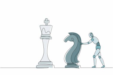 Devamlı bir çizgi çizen robotlar kralı devirmek için büyük at satranç taşlarını itiyorlar. İnsansı robot sibernetik organizma. Geleceğin robotik geliştirme konsepti. Tek çizgi çizimi tasarım vektörü grafiği