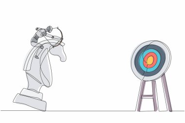 Tek çizgi, okçuluk yapan robotu çiziyor. Satranç şövalyesi ata binerken hedefi hedef alıyor. Geleceğin teknolojisi. Yapay zeka makinesi öğrenme süreci. Aralıksız çizgi grafik tasarım vektörü
