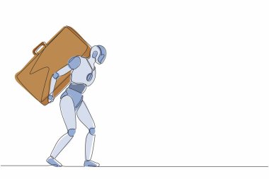 Devamlı ayakta duran ve ağır evrak çantası taşıyan robotlar çiziyor. İnsansı robot sibernetik organizma. Geleceğin robotik geliştirme konsepti. Tek çizgi tasarım vektör grafik çizimi