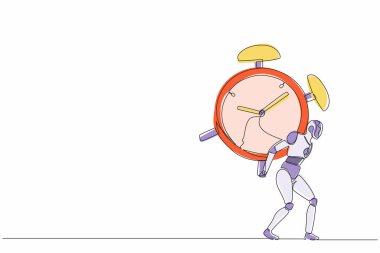 Devamlı ayakta duran ve ağır alarmlı saat taşıyan robotlar çiziyor. İnsansı robot sibernetik organizma. Geleceğin robotik geliştirme konsepti. Tek çizgi tasarım vektör grafik çizimi