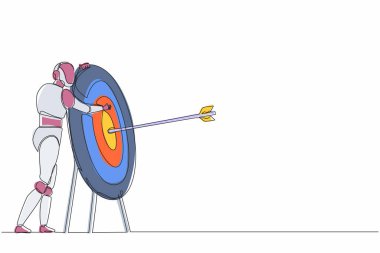 Tek sıra halinde robotlar hedef alınarak dev bir hedefe okla sarılıyorlar. Modern robotik yapay zeka teknolojisi. Elektronik teknoloji endüstrisi. Bir çizgi çizimi grafik tasarım vektörü