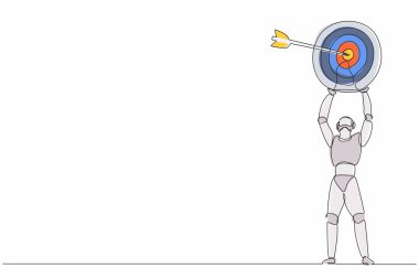 Tek çizgi çizen robot, büyük hedefi doğru okla kaldırıyor. Geleceğin teknoloji gelişimi. Yapay zeka ve makine öğrenme süreci. Devamlı çizgi çizimi grafik vektörü