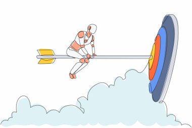 Tek sıra halinde büyük okla hedefli robotlar çiziyor. Geleceğin teknoloji gelişimi. Yapay zeka makinesi öğrenme süreci. Devamlı çizgi tasarımı grafik vektör illüstrasyonu