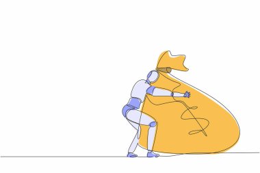 Devamlı para dolu bir çantaya sarılan robotlar çiziyor. İnsansı robot sibernetik organizma. Geleceğin robotik geliştirme konsepti. Tek çizgi çizimi tasarım vektörü grafik çizimi