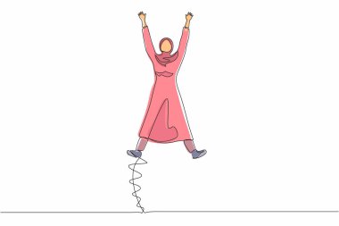 Kollarını ve bacaklarını açarak atlayan mutlu bir Arap iş kadını çiziyor. Ofis çalışanı şirket projesinin başarısını kutluyor. Aralıksız çizgi çizimi tasarım grafik vektör çizimi