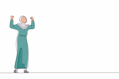 Yanında mutlu Arap iş kadınlarını çeken tek sıra sıkılmış ellerini kaldırdı. Bayan yönetici şirket ürün satışlarının artmasını kutluyor. Bir çizgi grafik tasarım vektörü