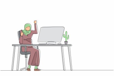 Bir çizgisi sürekli mutlu bir Arap iş kadınını iş yerinde otururken bir elini kaldırıp diğerini kaldırdı. İşçi şirketten gelen maaş artışını kutluyor. Tek çizgi çizme tasarım vektörü