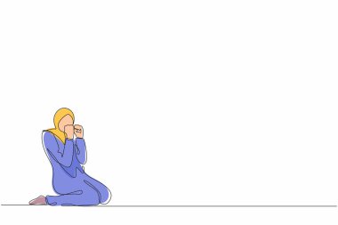 Tek sıra halinde, mutlu bir Arap iş kadını iki eliyle diz çöker, evet. Satıcı kadın maaş artışını, şirketten gelen faydaları kutluyor. Bir çizgi çizimi tasarım vektörü illüstrasyonu