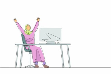 Sürekli olarak mutlu bir Arap iş kadını iş yerinde elini kaldırarak oturuyor. Ofis çalışanı şirket projesinin başarısını kutluyor. Tek çizgi çizimi tasarım vektörü grafik çizimi