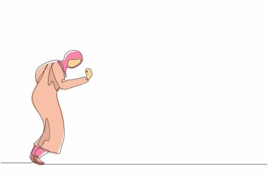 Tek sıra halinde mutlu bir Arap iş kadını eğilip evet hareketi yapacak. Ofis çalışanı şirket projesinin başarısını kutluyor. Başarılı bir zafer. Devamlı çizgi tasarımı grafik vektör illüstrasyonu