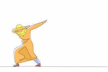 Kollarını kavuşturup aşağıya bakan mutlu bir Arap iş kadını çiziyor. Satıcı kadın şirketten gelen maaş artışını kutluyor. Bir çizgi çizimi grafik tasarım vektör çizimi