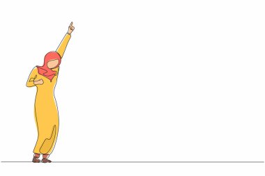 Bir satırda mutlu bir Arap iş kadınının elini kaldırması ve diğer elde evet pozu vermesi. Ofis çalışanı şirket projesinin başarısını kutluyor. Tek çizgi çizimi tasarım vektörü grafiği