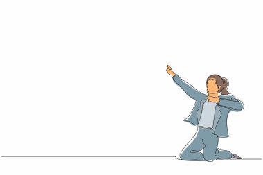 Devamlı bir çizgi halinde mutlu iş kadını diz çöküp hedef pozisyonunu kutluyor. Bayan yönetici şirket ürün satışlarının artmasını kutluyor. Tek çizgi çizimi tasarım vektörü grafiği