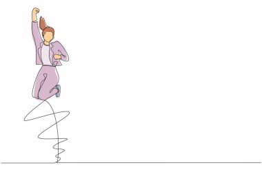 Tek sıra halinde mutlu bir iş kadını tek bacağı kıvrımlı bir şekilde atlıyor ve bir elini kaldırıyor. Bayan yönetici şirket ürün satışlarının artmasını kutluyor. Bir çizgi grafik tasarım vektörü