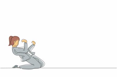 Tek sıra halinde mutlu bir iş kadınını kutlama pozuyla dizlerinin üstüne çöktürüyor. Ofis çalışanı şirket finans projesinin başarısını kutluyor. Aralıksız çizgi çizimi tasarım grafik vektör çizimi