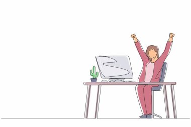 İş yerinde elini kaldırmış mutlu bir iş kadınının oturduğu tek sıra. Ofis çalışanı şirketten gelen maaş zammını kutluyor. Bir çizgi grafik tasarım vektör çizimi