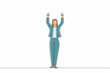 Tek sıra halinde mutlu bir iş kadını ayakta duruyor ve iki el de işaret parmaklarıyla işaret ediyor. Satıcı kadın şirketten gelen maaş artışını kutluyor. Devamlı çizgi tasarımı grafik vektör illüstrasyonu
