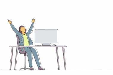 İşyerinde elini kaldırmış mutlu bir iş kadını çizmeye devam ediyor. Ofis çalışanı şirket projesinin başarısını kutluyor. Tek çizgi çizimi tasarım vektörü grafik çizimi