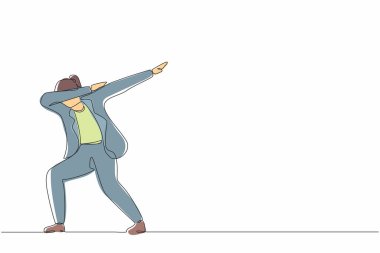 Kollarını kavuşturup aşağıya bakan mutlu iş kadını çizmeye devam et. Satıcı kadın şirketten gelen maaş artışını kutluyor. Tek çizgi çizimi tasarım vektörü grafik çizimi