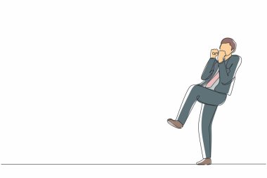 Tek sıra halinde mutlu bir işadamı tek bacağını büker ve iki eliyle evet hareketi yapar. Ofis çalışanı şirket projesinin başarısını kutluyor. Tek çizgi çizme tasarım vektörü