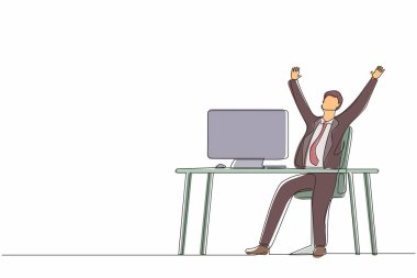 İşyerinde elini kaldırmış mutlu bir işadamının oturduğu bir satır devam ediyor. Ofis çalışanı şirket projesinin başarısını kutluyor. Tek çizgi çizimi tasarım vektörü grafik çizimi