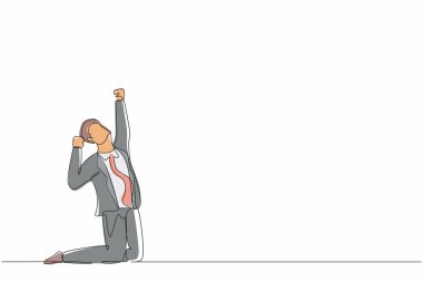 Tek sıra halinde mutlu bir işadamını dizlerinin üstüne çökerek bir elini kaldırıp diğerini kaldırdı. Satıcı şirketten gelen maaş artışını kutluyor. Bir çizgi grafik tasarım vektör çizimi