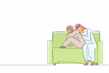 Aralıksız tek sıra halinde, Arap erkeği omuzlarında sarılarak kadınlara destek ve rahatlık veriyor. Stres, yalnızlık, endişe hisseden bir kız. Danışmanlık, empati. Bir çizgi çizimi grafik tasarım vektörü