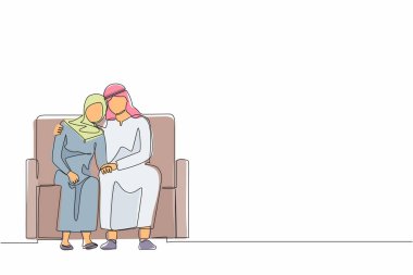 Sürekli olarak, üzgün kadını teselli eden bir Arap erkeği çiziyor. Duygusal bunalımda olan erkek destekleyici kadın. Koca, kadınını teselli eder. Tek çizgi tasarım vektör çizimi