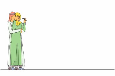 Hüzünlü Arap çifti sürekli olarak negatif hamilelik testine bakıp kısırlık fikrine yöneltiyor. Kadın ve erkek çocuk sahibi olamazlar. Mutsuz ebeveynler. Bir çizgi grafik tasarım vektör çizimi