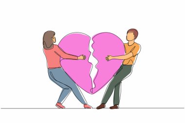 Aşıkların kalbini kıran tek bir çizgi. Genç bir adam ve bir kadın birbirlerinden koptu. Birbirlerine büyük üzüntü duyuyorlar. İlişkinin sonunda bir çift anlaşmazlık yaşıyor. Tek çizgi grafik tasarım vektörü