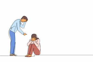 Tek sıra halinde, korkmuş bir kadın kocasından korkuyor, aile içi şiddet uyguluyor. Karısını döven bir adam, kavga eden bir çift. Duygusal kişilikler tartışıyor. Bir çizgi çizimi grafik tasarım vektör çizimi