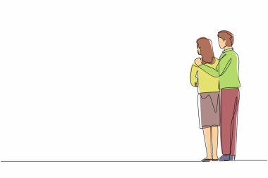 Aralıksız tek sıra halinde geriye dönüp bakan mutlu erkek kadın kucaklayan ve kucaklayan sevgi dolu çift. Erkek kadın arkadan sarılmış. Aşk, bağlantı, romantik duygular. Tek çizgi çizimi tasarım vektör çizimi