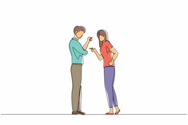 Sürekli bir çizgi halinde öfkeli, agresif bir çift karı koca bağırıyor ve kavga ediyorlar. Şiddetli tartışma ya da anlaşmazlık. Tek çizgi tasarım vektör grafik çizimi